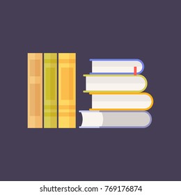 Stack of colored books. Textbooks and encyclopedias on dark background. Concept of education. Vector illustration in flat style.