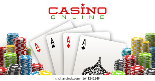 Stack of colored casino chips with playing cards isolated on a white background. Big win jackpot poker in Online web casino illustration. Realistic luxury fortune banner with playing cards games bet