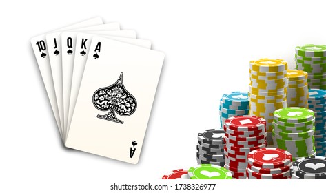 Stack of colored casino chips with playing cards isolated on a white background. Big win jackpot poker in Online web casino illustration. Realistic luxury fortune banner with playing cards games bet