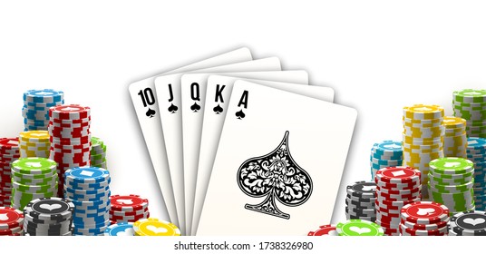 Stack of colored casino chips with playing cards isolated on a white background. Big win jackpot poker in Online web casino illustration. Realistic luxury fortune banner with playing cards games bet
