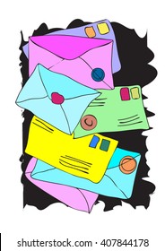 a stack of colored envelopes on a black background