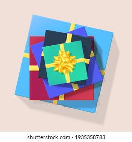 Stack of colored gift boxes with golden ribbons and bow tie. Vector 3d illustration. Top-down view