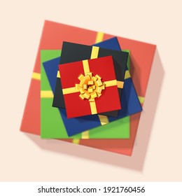 Stack of colored gift boxes. Vector 3d illustration. Top-down view. Blurred background, soft focus