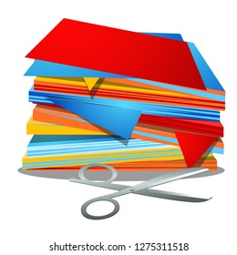 A stack of colored paper and office scissors isolated on white background. Vector cartoon close-up illustration.