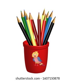 Una pila de lápices de colores en el vidrio rojo. Ilustración vectorial aislada en fondo blanco. 