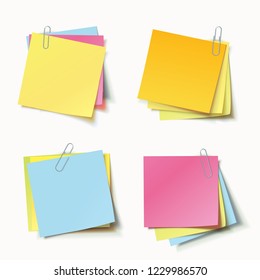 Stack of colored stickers attached metal paper clip with curled corner, ready for your message. Set of color stickers isolated on white background. Vector illustration. Front view. Top view. Close up.