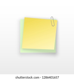 Stack of colored stickers attached metal paper clip with curled corner, ready for your message. Set of color stickers isolated on white background. illustration set paper Front view.