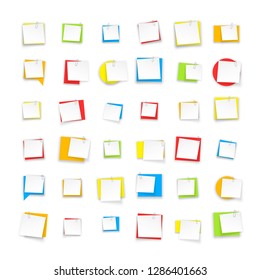 Stack of colored stickers attached metal paper clip with curled corner, ready for your message. Set of color stickers isolated on white background. illustration set paper Front view.