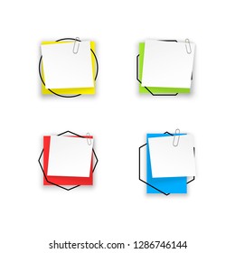 Stack of colored stickers attached metal paper clip with curled corner, ready for your message. Set of color stickers isolated on white background. illustration set paper Front view.