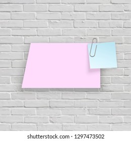 Stack of colored stickers attached metal paper clip with curled corner, ready for your message. Set of color stickers isolated on white Brick wall background. illustration set paper Front view.