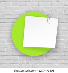 Stack of colored stickers attached metal paper clip with curled corner, ready for your message. Set of color stickers isolated on white Brick wall background. illustration set paper Front view.