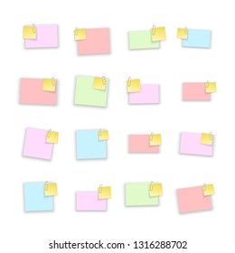 Stack of colored stickers attached metal paper clip with curled corner, ready for your message. Set of color stickers isolated on white background. illustration set paper Front view.