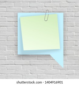 Stack of colored stickers attached metal paper clip with curled corner, ready for your message. Set of color stickers isolated on white Brick wall background. illustration set paper Front view.