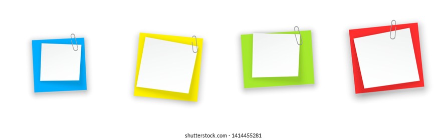 Stack of colored stickers attached metal paper clip with curled corner, ready for your message. Set of color stickers isolated on white background. illustration set paper Front view.