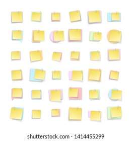 Stack of colored stickers attached metal paper clip with curled corner, ready for your message. Set of color stickers isolated on white background. illustration set paper Front view.