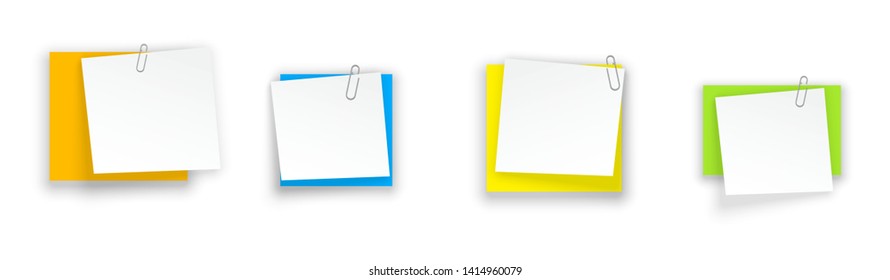Stack of colored stickers attached metal paper clip with curled corner, ready for your message. Set of color stickers isolated on white background. illustration set paper Front view.
