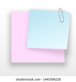 Stack of colored stickers attached metal paper clip with curled corner, ready for your message. Set of color stickers isolated on white background. illustration set paper Front view.