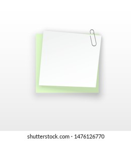 Stack of colored stickers attached metal paper clip with curled corner, ready for your message. Set of color stickers isolated on white background. illustration set paper Front view.