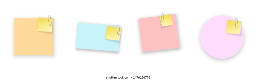 Stack of colored stickers attached metal paper clip with curled corner, ready for your message. Set of color stickers isolated on white background. illustration set paper Front view.