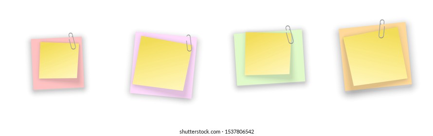 Stack of colored stickers attached metal paper clip with curled corner, ready for your message. Set of color stickers isolated on white background. illustration set paper Front view.