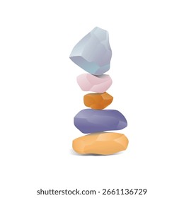 Pilha de pedras zen balanceamento colorido, uma pilha de cinco pedras coloridas, lisas e irregularmente em forma equilibrada verticalmente, sugerindo uma sensação de calma e estabilidade