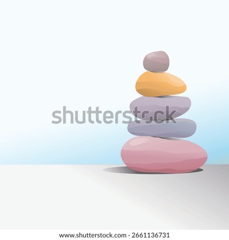 Stack of colorful balancing zen stones, a stack of five colorful, smooth, and irregularly shaped stones balanced vertically, suggesting a sense of calm and stability