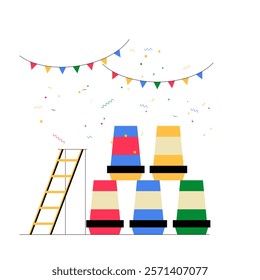 Stack Of Colorful Barrels And Ladder With Festive Flags In Flat Vector Illustration Symbolizing Outdoor Games And Celebrations, Isolated On White Background