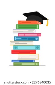 Pila de libros coloridos con gorra académica. Ilustración vectorial de la educación.
