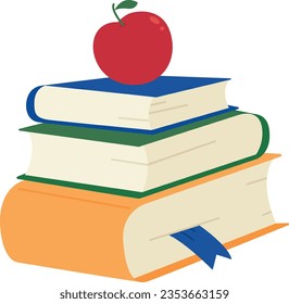 Pila de libros coloridos con una manzana encima. Literatura, concepto educativo, ilustración de vector plano aislado	