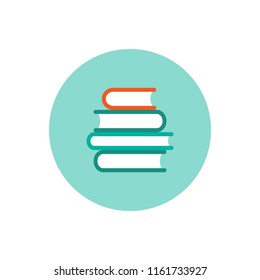 Stack of colorful books in blue circle.  Isolated on white background. Flat icon. Vector illustration. Knowledge logo. Education pictogram. 