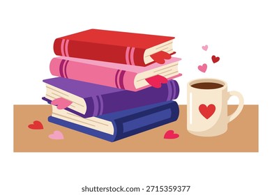 Pila de libros coloridos con marcadores y taza de café con símbolo del corazón, lectura, estudio, relajación, amor por los libros.