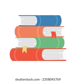 Pila de libros coloridos con marcadores. Pila de libro de texto. Concepto de educación. Ilustración plana del vector aislada en fondo blanco