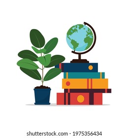 Stack of colorful books. Colorful composition with books, globus and flower pot. Vector illustration in flat style can be used for cars, posters, library and bookstore interiors