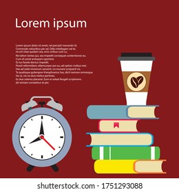 Stack of colorful books with disposable paper cup of coffee or tea. Hand drawn educational vector illustration 