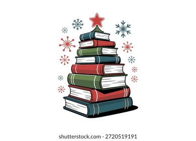 A stack of colorful books forming a Christmas tree shape with a star on top and snowflakes around, perfect for holiday and reading promotions.