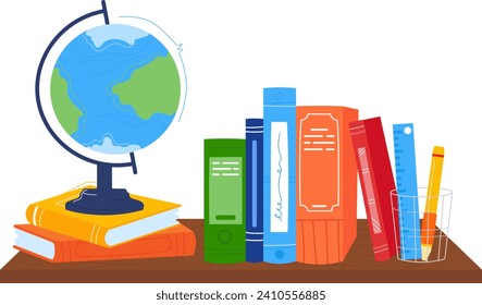 Stack of colorful books with globe on top, pencil and ruler in cup. Educational tools for school, geography study vector illustration.