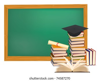 Stack of colorful books and graduation cap. Vector illustration.