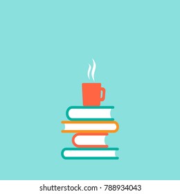 Stack of colorful books with hot cup of coffee or tea.  Isolated on powder blue background. Flat icon. Vector illustration. Knowledge logo. Education pictogram. 