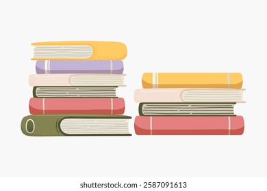 Stack of colorful books, including pink, green, and yellow covers. Books are arranged in two neat piles. Illustration of books, perfect for reading themes. Vector isolated on white.