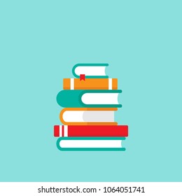 Stack of colorful books.  Isolated on powder blue background. Flat icon. Vector illustration. Knowledge logo. Education pictogram. 