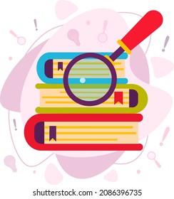 A stack of colorful books with a magnifying glass. Vector illustration in a flat style. Training, knowledge. Education and information retrieval.