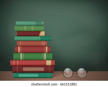 Stack of colorful books on the background of a school board. Education and school concept. Vector illustration