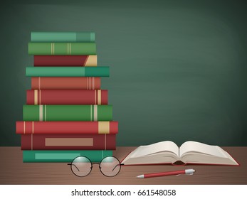Stack of colorful books on the background of a school board. Education and school concept. Vector illustration