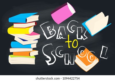 A stack of colorful books on a black chalkboard background. Falling textbooks above text "Back to school". Vector education illustration.