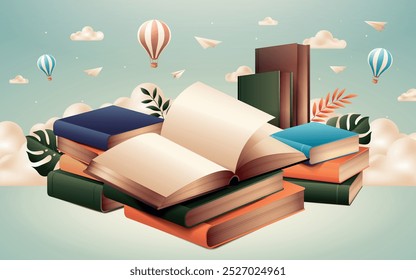 A stack of colorful books with an open book on top, surrounded by clouds, paper planes, and hot air balloons in a whimsical sky setting.