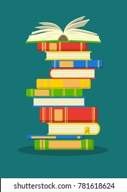 Stack Of Colorful Books With Open Book On Teal Background. Education Vector Illustration.