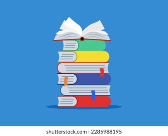 Pila de libros coloridos con libros abiertos encima. ilustración del vector de educación
