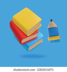 Stack of colorful books and pencil 3D style, vector illustration isolated on blue background. Education, decorative design elements, stationery and textbooks