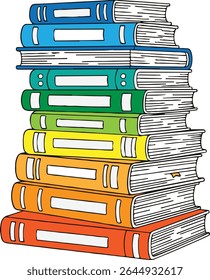 A stack of colorful books is piled high, showcasing a rainbow of hues from red to blue.
