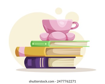 Pila de libros coloridos con una taza de té rosa en la parte superior, estilo gráfico plano, fondo blanco. Concepto de lectura y relajación. Ilustración vectorial